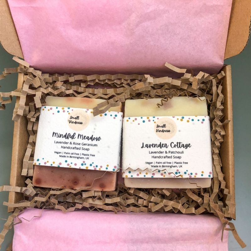 beautiful handmade soap in a box with recycled tissue paper and recycled crinkle paper packing 